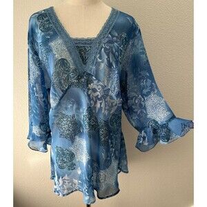 Fashion Bug Sheer Tunic 18/20 Blue Lace Trim Tie Back Bell Sleeves Y2K Fairy